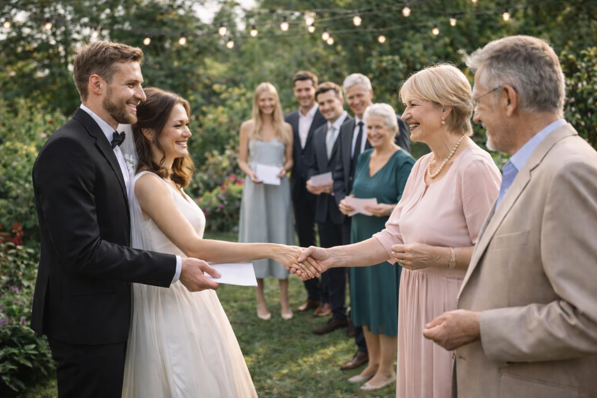 Młoda para przyjmuje życzenia i kopertę od gości podczas wesela